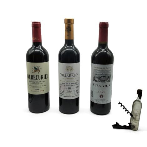 BYBYCO Pack de Vino Tinto Origen Ribera del Duero, Rioja | 3 Botellas Especiales de 75cl + Sacacorchos | Valdecuriel Roble – Señorío de Villarrica Crianza – Cuba Vieja | La Rioja y Tempranillo 100%Pack especial de 3 botellas de vino tinto de origen Ribera del Duero y Rioja, con sacacorchos. Incluye Valdecuriel Roble, Señorío de Villarrica Crianza y Cuba Vieja. 100% tempranillo. Disfruta de la calidad de La Rioja.