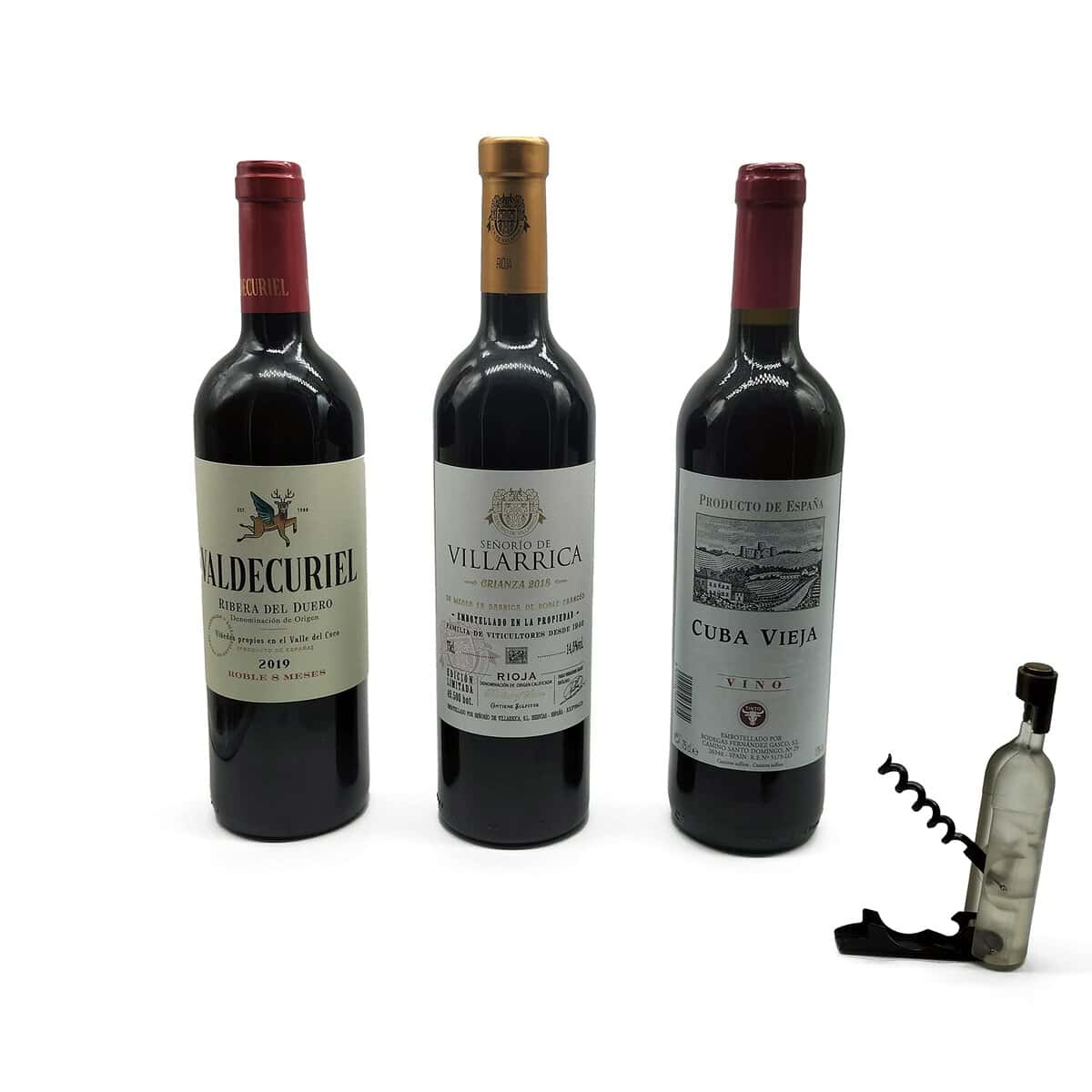 BYBYCO Pack de Vino Tinto Origen Ribera del Duero, Rioja | 3 Botellas Especiales de 75cl + Sacacorchos | Valdecuriel Roble - Señorío de Villarrica Crianza - Cuba Vieja | La Rioja y Tempranillo 100%