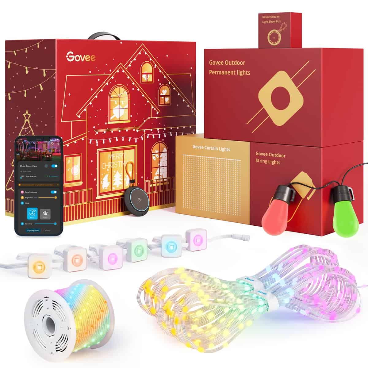 Govee Set de Luces LED de Navidad Plus, Incluye Cortina de Luces, Guirnalda de Luz, Luces Exteriores y Sync Box, WiFi Lámparas Control APP y Alexa, IP67 Decoración Navideña Interior y Exterior, 5pcs