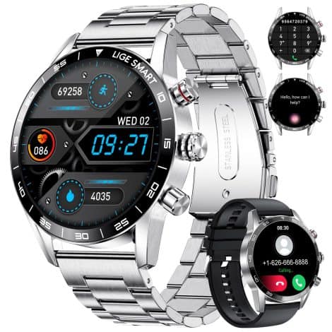 Reloj Inteligente LIGE para Hombre con Llamadas y Asistente de Voz. Smartwatch 1.32” HD con 2 Correas, Música, Pulsómetro, SpO2, Monitor de Sueño y 20 Modos Deportivos. Notificaciones Inteligentes para Android y iOS.