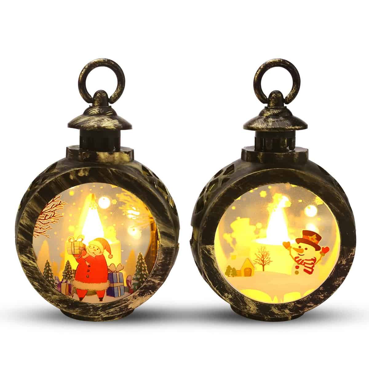 2 Piezas Farol de Navideña Decoración de Mesa de Navidad, luz de Papá Noel Muñeco de Nieve Vela Linternas Adorno de Escritorio de Navidad Bronze