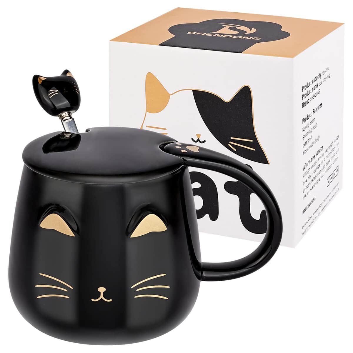 Taza Gato negro Linda taza de café de cerámica con tapa y cuchara kawaii Taza matutina novedosa Tazas de té de leche de café - Animales 3d Tazas de gatos para amantes de los gatos Mujeres Regalos