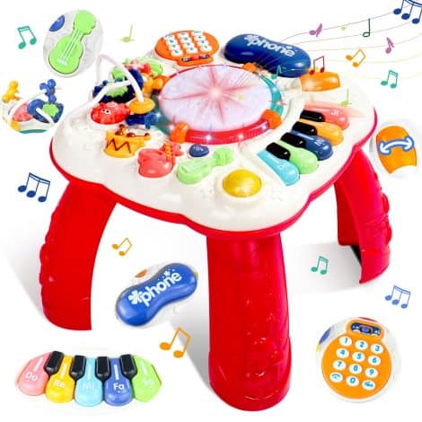 Mesa interactiva para bebés de 1 año con sonido y luces, juguetes educativos y instrumentos musicales.