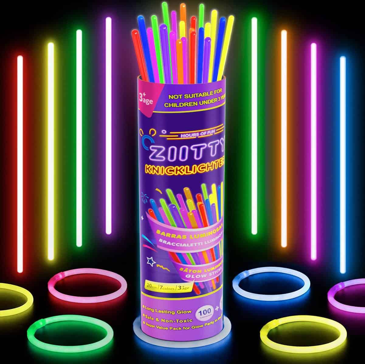 Ziitty Barras Luminosas, 100 Pulseras Luminosas Fluorescentes y 100 Conectores, Neon Kits para Crear Pulseras y Collares, Fiesta Nochevieja Navidad Boda Cumpleaños Decoracion Regalo para Niños Adultos