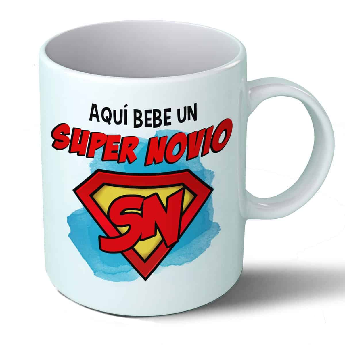 Planetacase Taza Novio - Aquí Bebe Un Super Novio - Regalo Original Novios Supernovio Familia Taza Desayuno Café Ceramica 330 mL