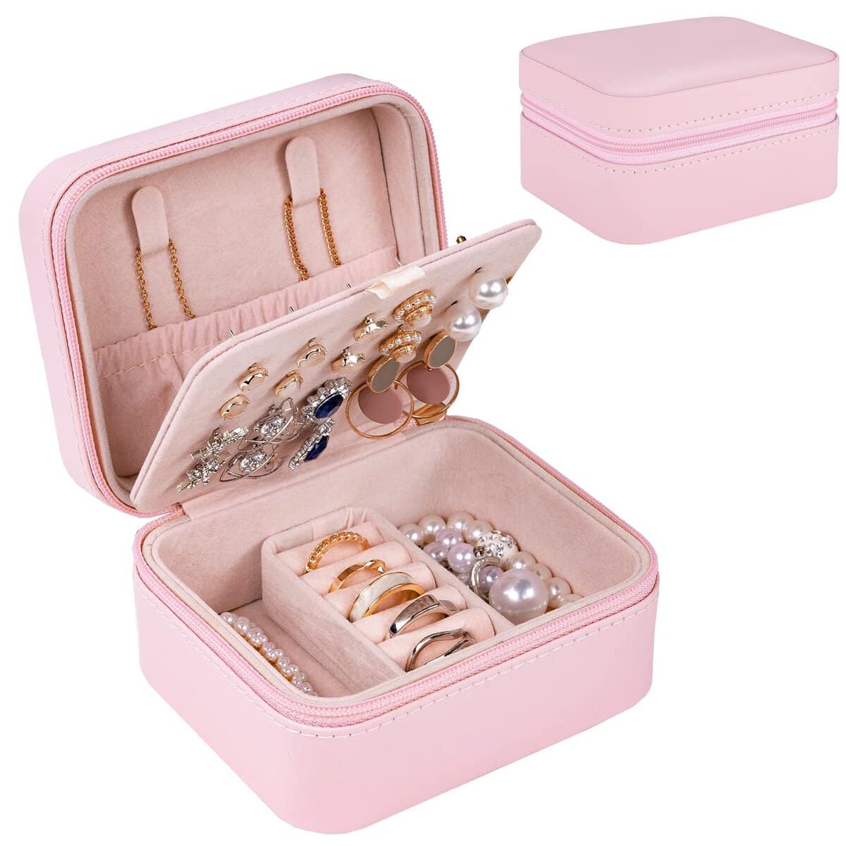 Lolalet Caja de Joyas Pequeña, Organizador de Joyería Portátil Joyero de Viaje Porta de Anillos Pendientes y Collares Mujeres y Chicas -Rosa