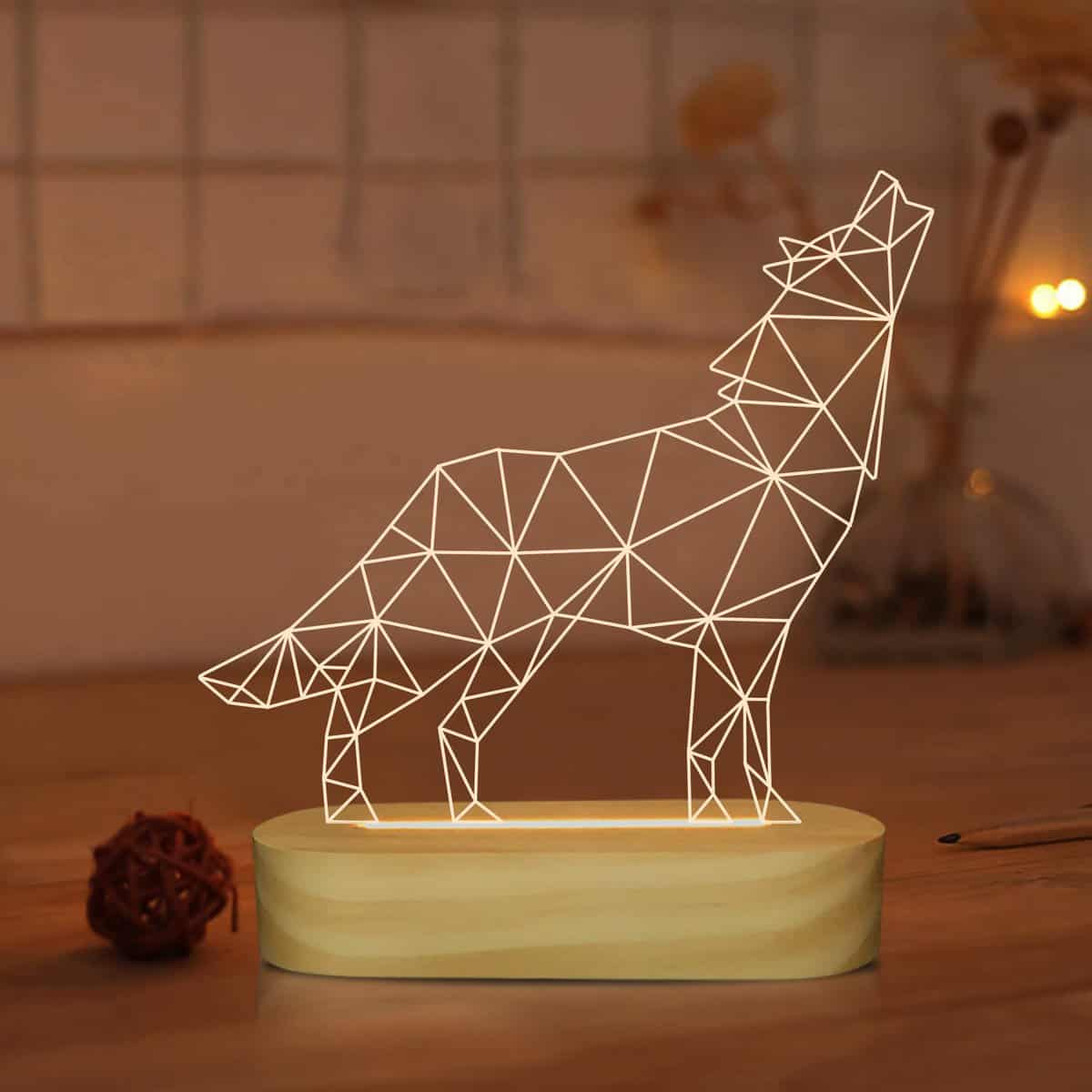 Regalos de lobos, ilusión óptica 3D Lámpara de lobo Animal Luz de noche LED para niños Niños Hombres Decoración de dormitorio, Alimentación USB Lámparas de mesa de color blanco cálido