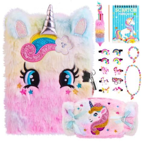 Set de regalo para niñas de más de 4 años: Diario secreto con candado, bolso de unicornio, pinzas para el pelo, pulsera abalorios, collar. Ideal para fiestas de cumpleaños, Navidad, Día de los Niños y San Valentín.