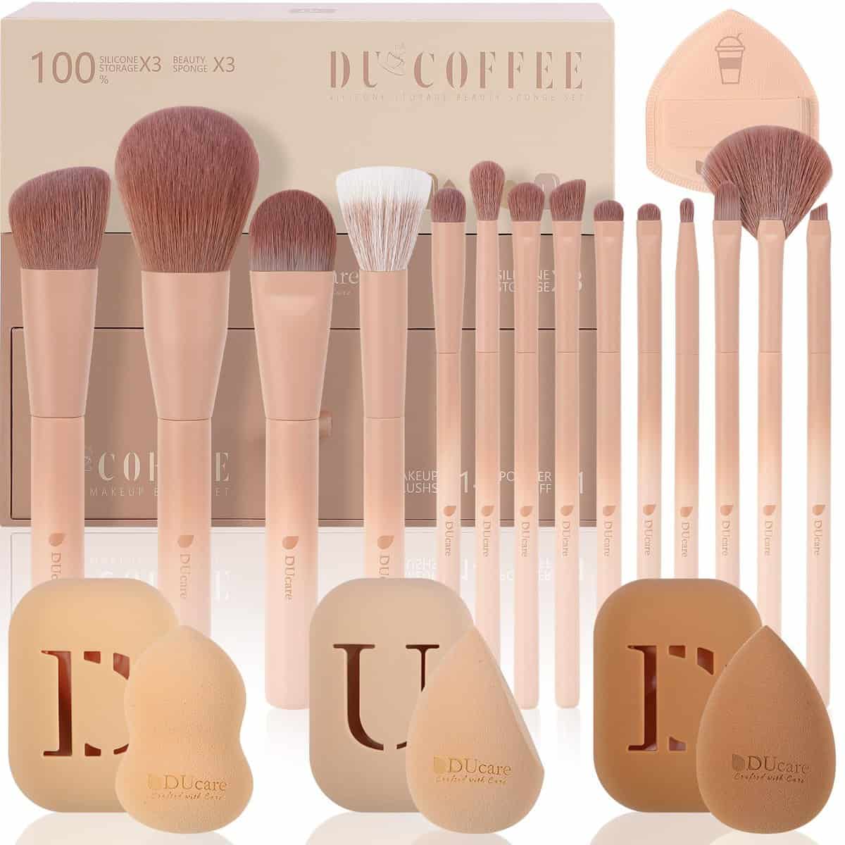 DUcare Brochas de Maquillaje 14 Piezas de la Serie Café con Esponjas de Maquillaje Juego de Brochas Sintéticas de Primera Calidad Base de Maquillaje Brochas para Faciales Regalos para Mujeres