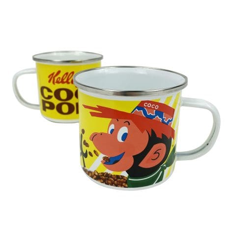 Taza de camping esmaltada Coco Pops de Kelloggs: regalo retro para acampar con estilo vintage, ideal para todos.