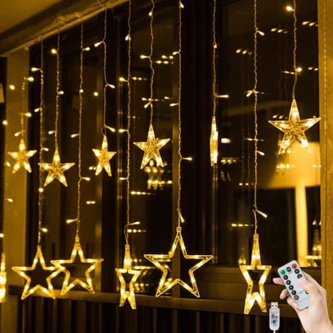 Luces decorativas de Navidad con estrellas en cortina, 138 LED, control remoto, 8 modos, 2m x 1m.