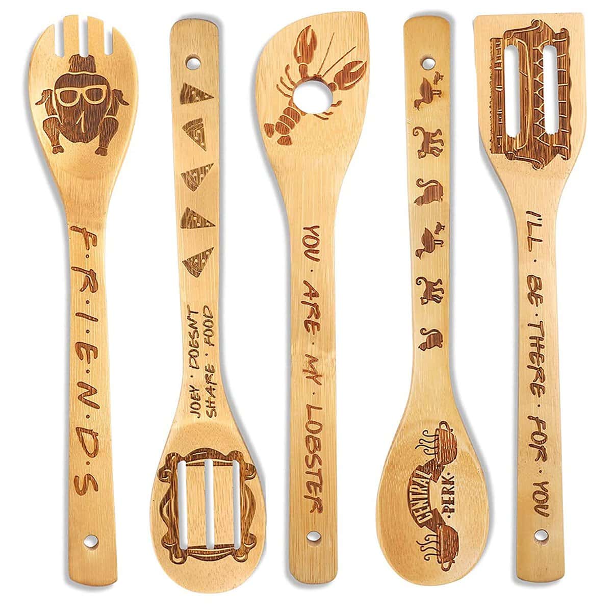 Friends TV Show Utensilios de cucharas de madera - Decoración de la cocina del hogar - Regalos perfectos para hombres y mujeres Cumpleaños Boda Calentamiento de la casa (5 piezas)