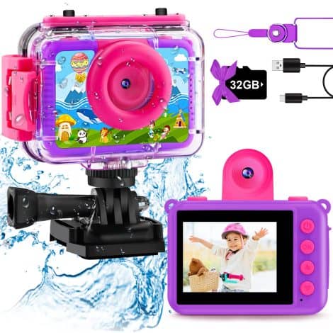 Cámara de Acción Digital Impermeable HD para Niñas de 3 a 14 años, Morada. Incluye Tarjeta SD de 32 GB.