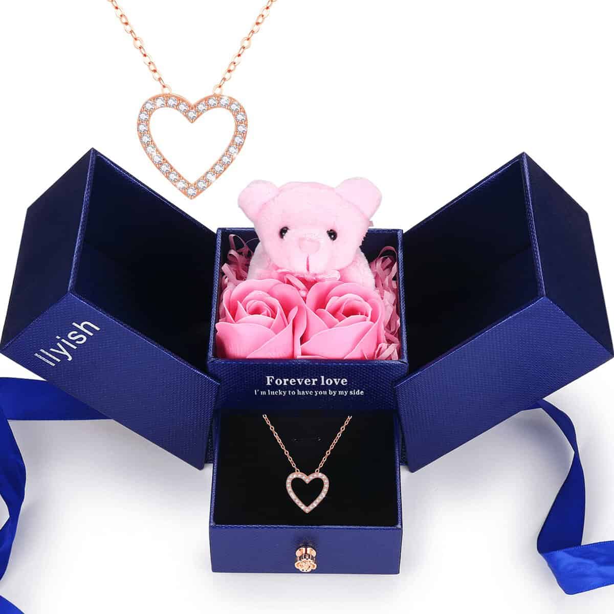 llyish Regalo Mujer Rosa Eterna Hecha a Mano Caja Regalo con Oso Rosado Joyería Regalos Original Navidad Regalos para Madre Novia Ella Cumpleaños Día de San Valentín Día de la Madre Aniversario