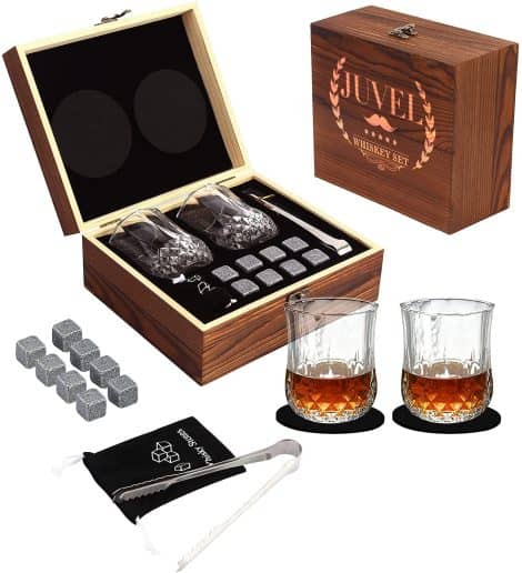 Set de whisky con piedras de granito, vasos, caja de madera, pinza de acero inoxidable y bolsa de almacenamiento. Ideal para regalar a hombres.