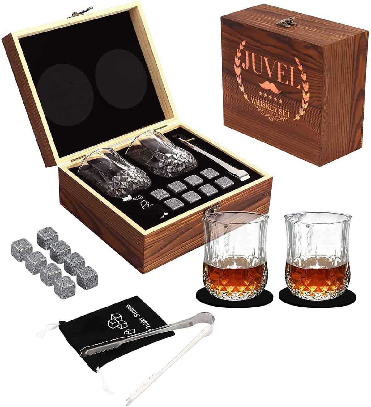 Piedras de Whisky -Juego de regalo de vaso de whisky,8 piedras de vino de granito, 2 vasos de whisky,Caja de Madera,Pinza para Hielo de Acero Inoxidable,Bolsa de Almacenamiento, Regalo para hombres