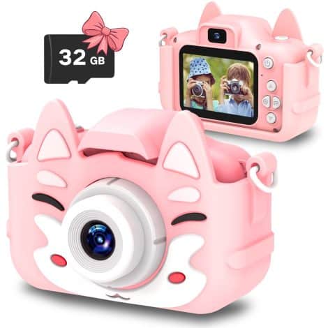 Cámara de cine Slothcloud para chicos, obsequios de cumpleaños para edades de 6 a 12 años, videocámaras digitales HD para chiquitos, juego para adolescentes de 6 a 10 años con tarjeta SD de 32 GB.