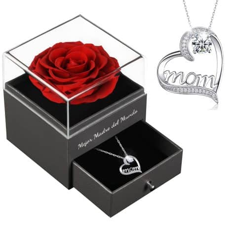 Rosa Eterna Preservada con Collar Plata de Ley 925, Mejor Madre, Regalo para Mamá en Navidad, Cumpleaños o Día de la Madre.