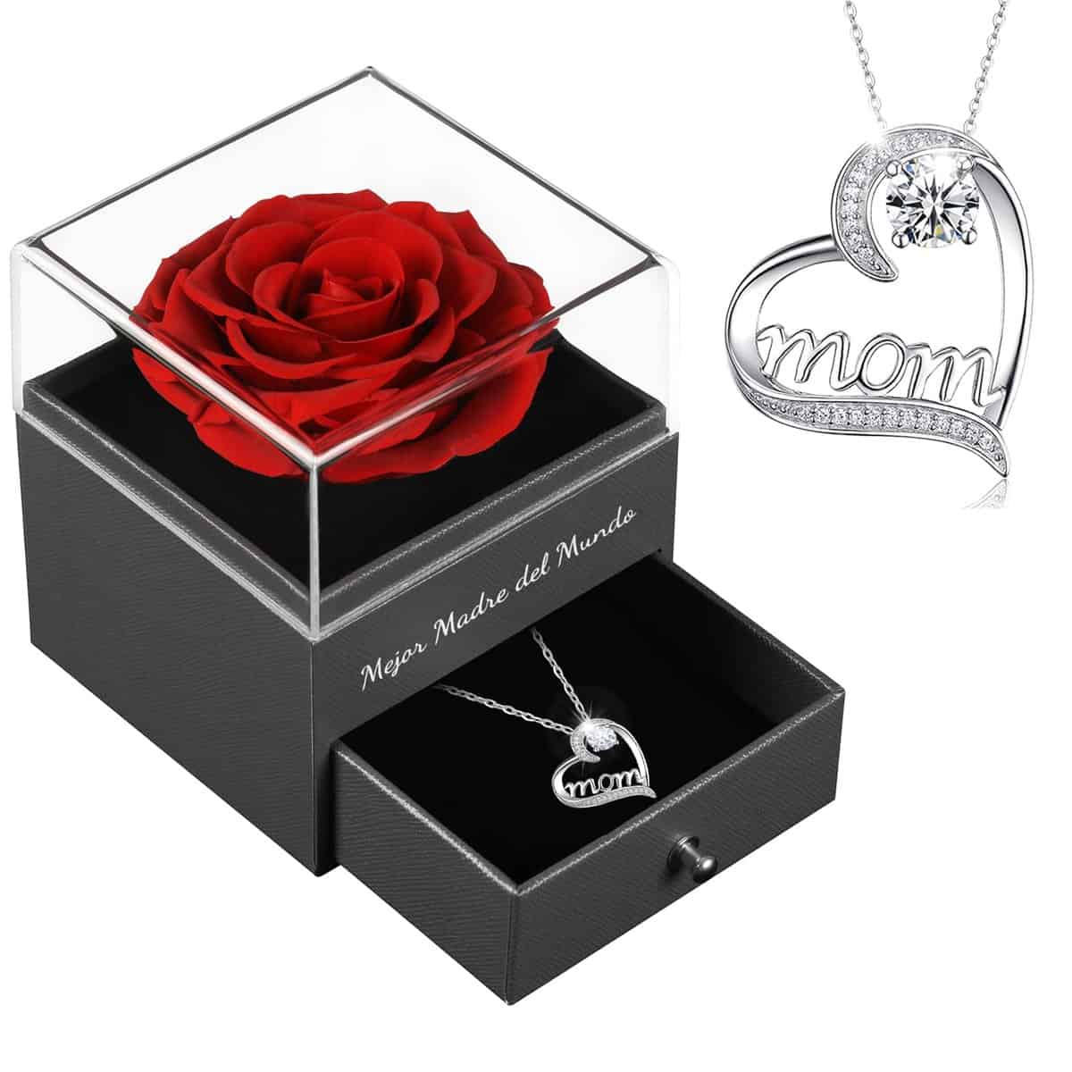 Sunia Regalos Mamá Navidad,Rosa Eterna Flor Preservada con Collar Plata de Ley 925,Mejor Madre del Mundo,Regalos para Madres Navidad, Regalo Cumpleaños Mama,Regalo del Día de la Madre para Mamá Abuela