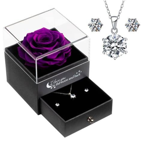 Rosa Eterna Purpura Sunia – Rosa preservada con cadena de plata, regalo hecho a mano para mujer. Ideal para Navidad, cumpleaños o el Día de San Valentín y el Día de la Madre.