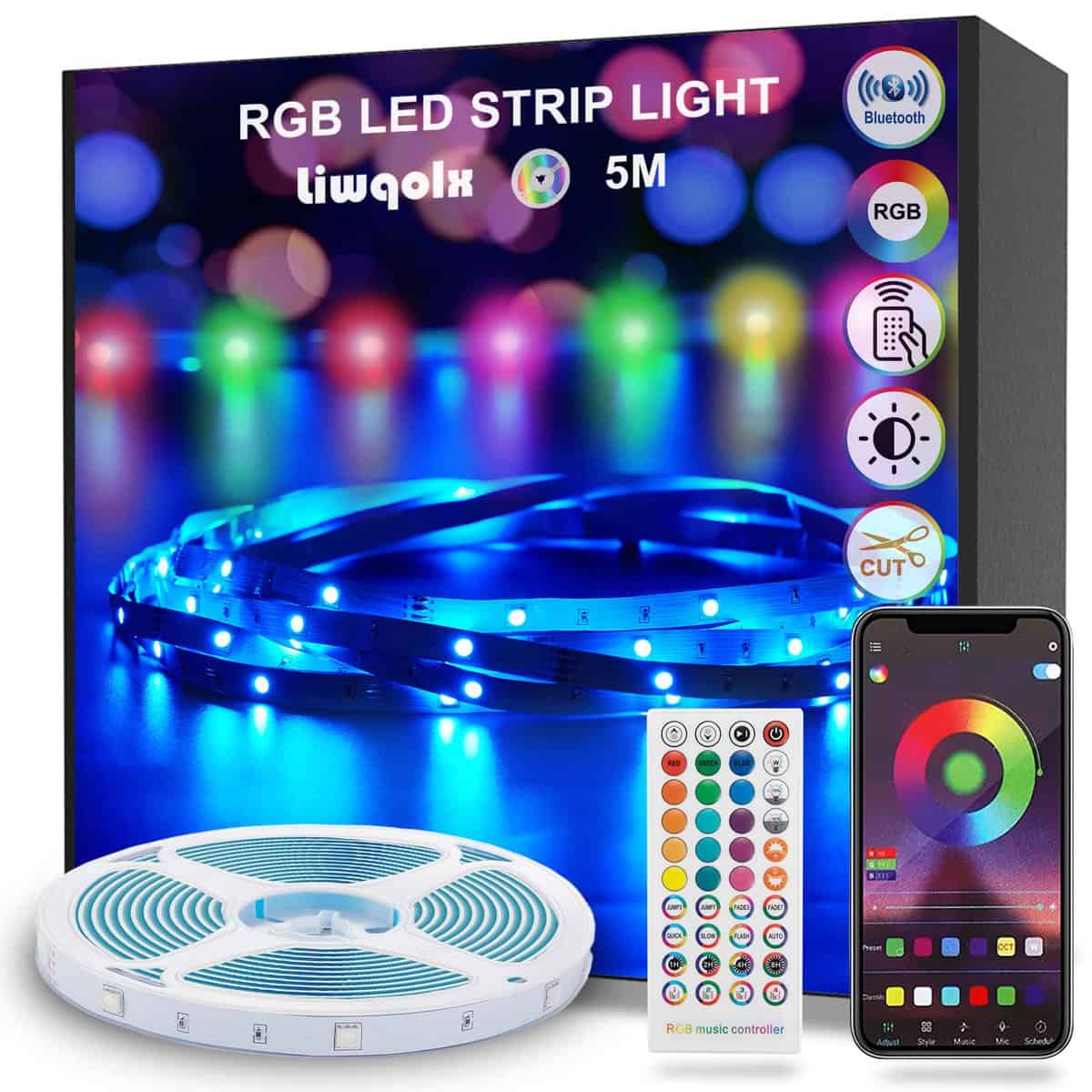 Liwqolx Tira LED 5 Metros, Luces LED Habitación 5M, RGB Bluetooth Tiras LED con Control Remoto y Inteligente Control de APP, Cambia el Color con la Musica, Para Decoración de Bares, Fiestas, Cocina