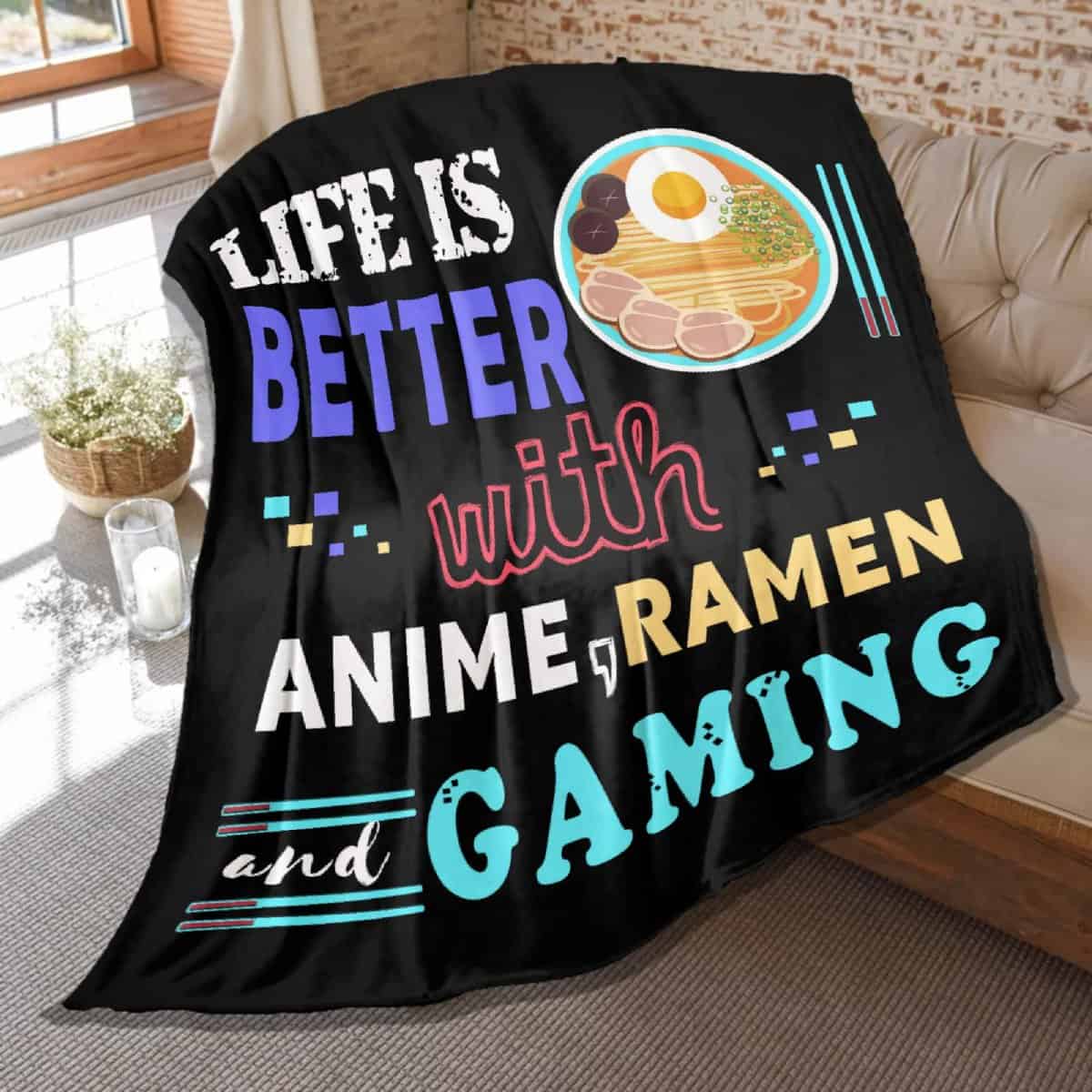 Manta de anime suave de franela Ramen, ligera, de forro polar, regalo divertido para niños, niñas, juegos de fideos, sofá, decoración de habitación, 60 x 50 pulgadas, mediana para niños y niñas