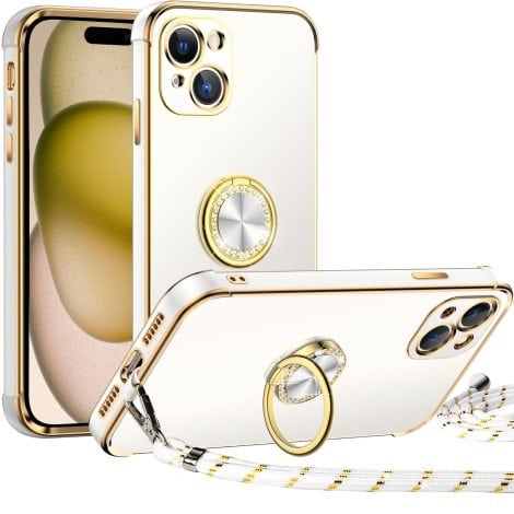 Funda de lujo con soporte, cordón y protección para iPhone 15 Plus. Ideal para mujeres y niñas. Color blanco.