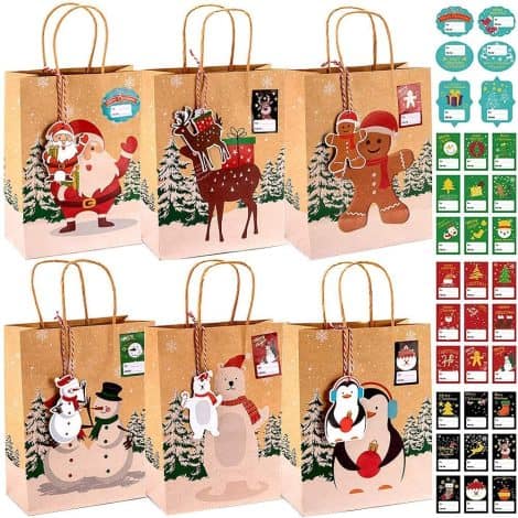 Paquete de 24 bolsas de papel de Navidad Kraft con etiquetas y pegatinas para decorar (23 x 9 x 18cm).