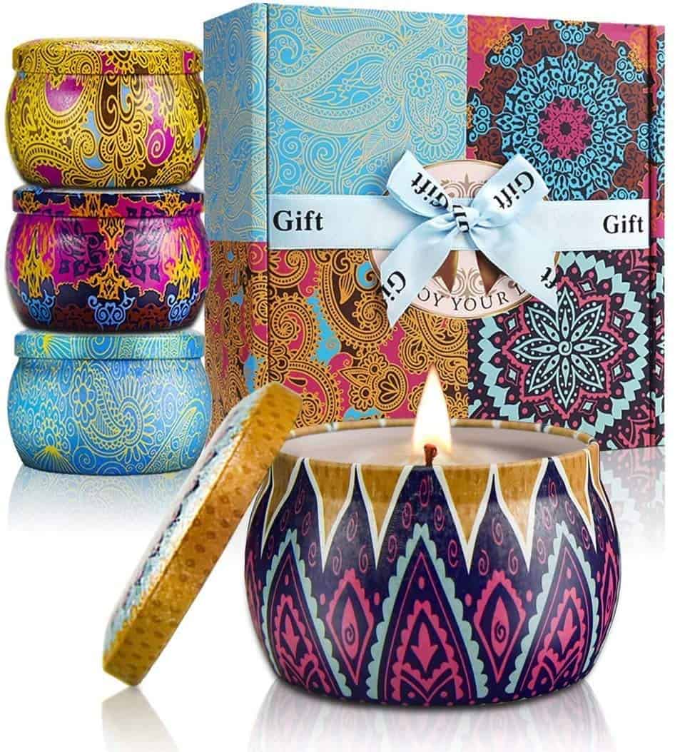 YMing Velas Aromática, Juego de 4 Piezas 5.65Oz Velas Perfumadas, Estaño de Viaje de Cera Natural de Soja Portátil, Regalos Originales para Mujer, Aliviar el Estrés y Aromaterapia