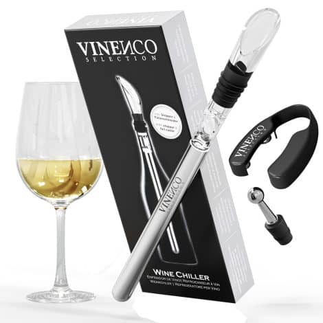 Set completo de enfriador para vino blanco, que incluye refrigerador de calidad en acero, tapón-decantador y aireador. Ideal como regalo para cumpleaños, fiestas y amigos amantes de la barra.