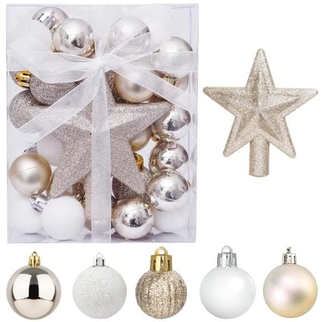 Juego de 30 Mini Adornos Navideños con Colgador, en Dorado y Blanco. Ideal para el Árbol de Navidad.