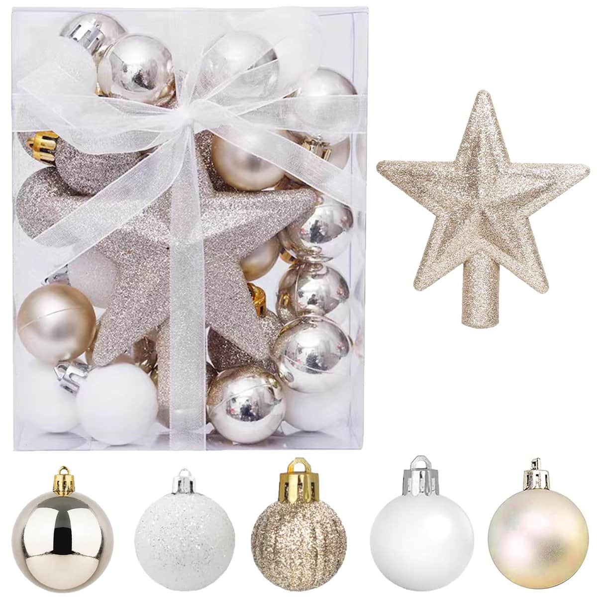 30 Piezas Mini Adornos Navideños con Colgador, Adornos Navideños Pequeños de 3 CM Adornos Dorados y Blancos Mini Árbol de Navidad Juego de Decoraciones para el Árbol de Navidad de Mesa