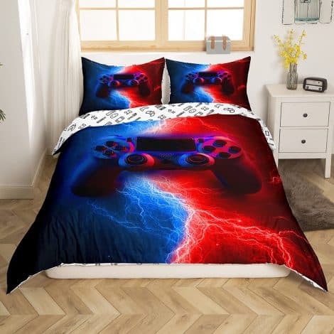 Set de Ropa de Cama para Jugadores, Individual, Gamepad Relámpago, Funda de Edredón para Niños, Hombres, Moderna, Rojo y Azul.