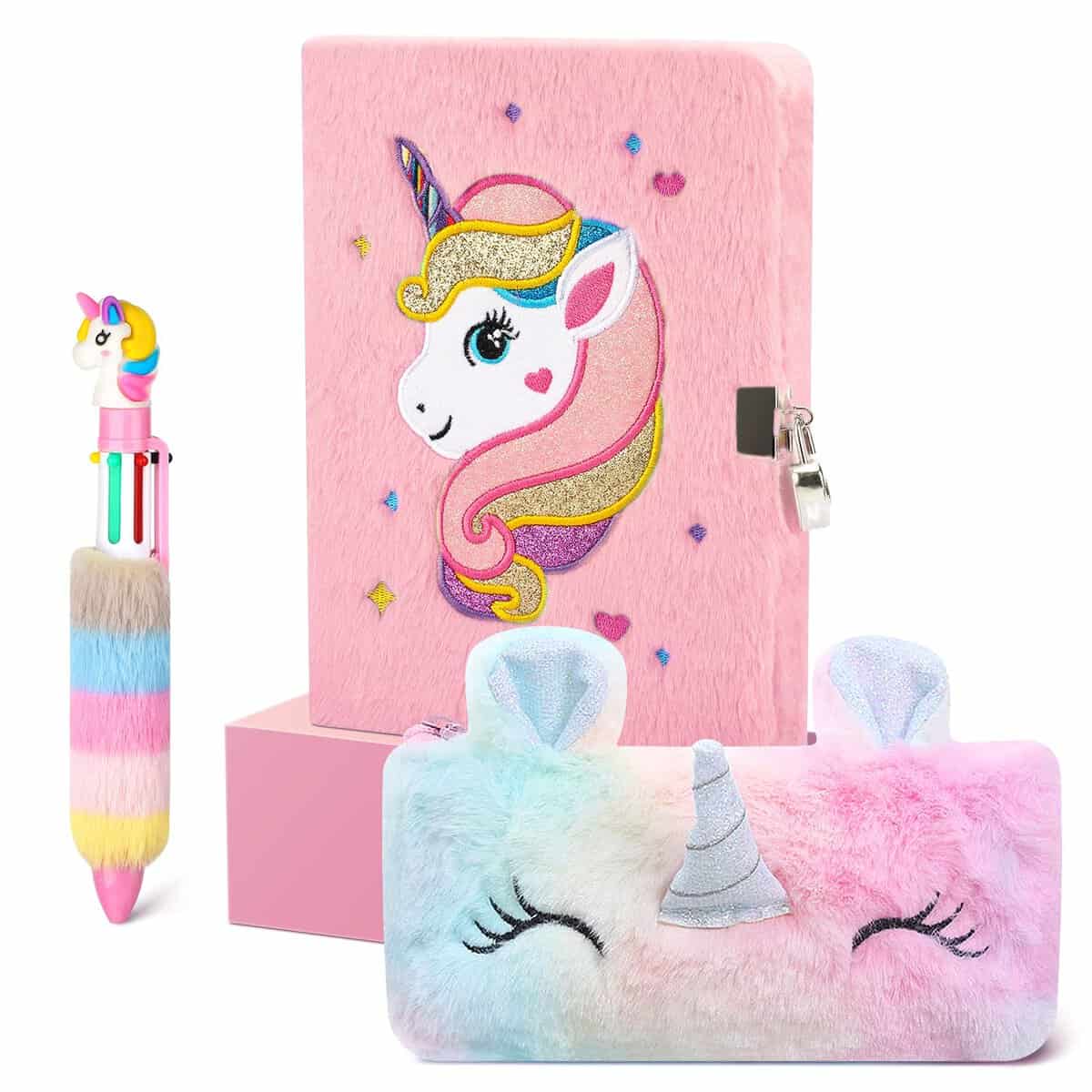 Cooyou Diario Secreto Niña con Candado y Llaves, Set de Unicornio Papelería de Peluche que Incluye A5 Cuaderno Diario para Niñas, Regalos para Niñas 5 6 7 8 9 10 11 Años, Rosa