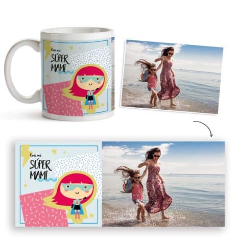 Taza personalizada día de la madre con diseño Supermami disponible en varios diseños.