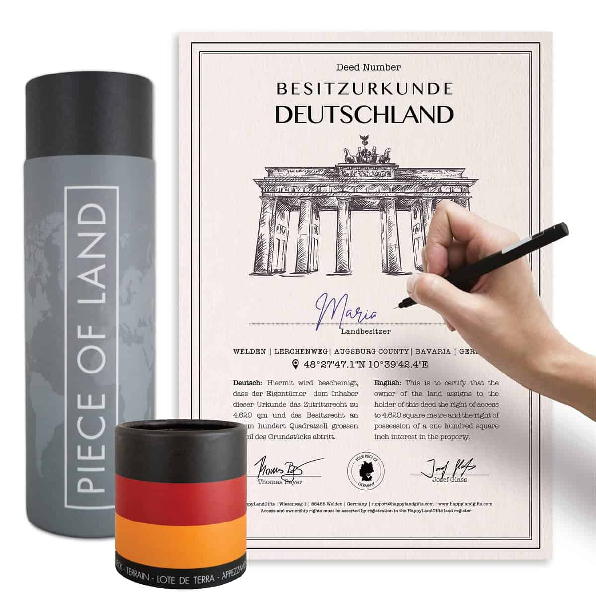 happylandgifts® Trozo de Terreno Real - Alemania Familia y los Amigos | Certificado Personalizado de Propietario de la Tierra, para Mujeres y Hombres | Regalos alemanes | Berlín