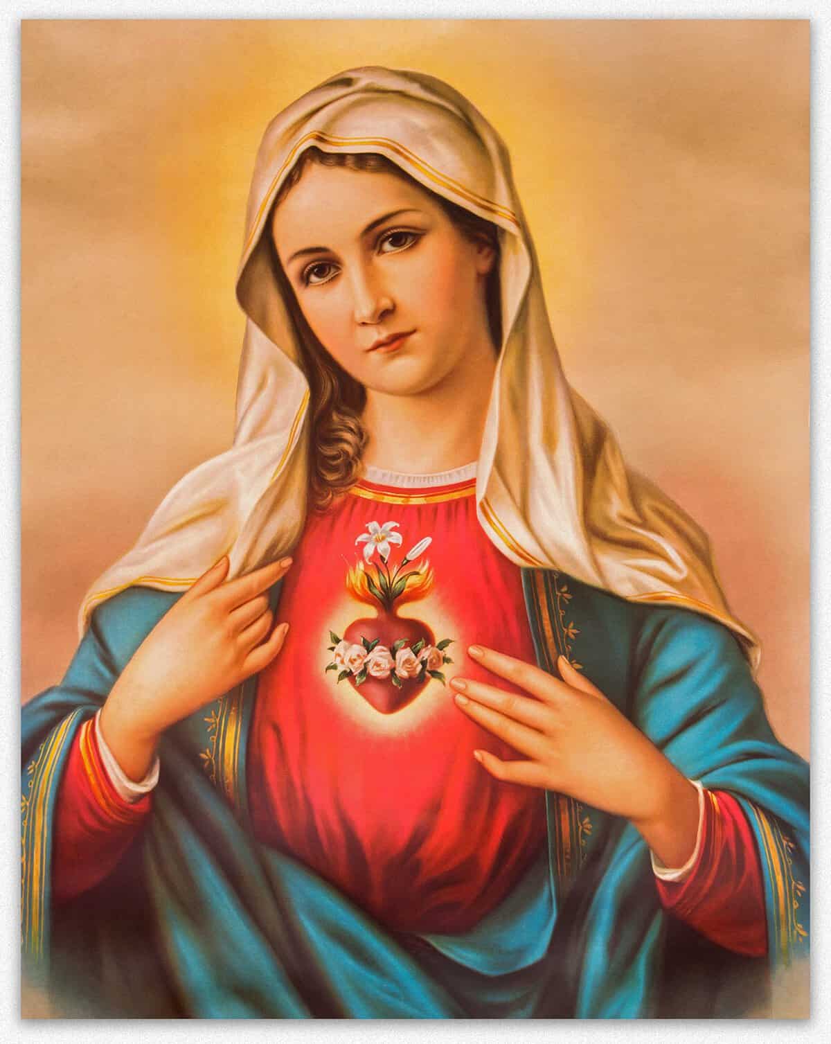 Pintura de corazón sagrado de la Virgen María y pintura religiosa, decoración de la Virgen María, arte católico vintage, regalos del día de la madre, decoración del hogar (8x10)