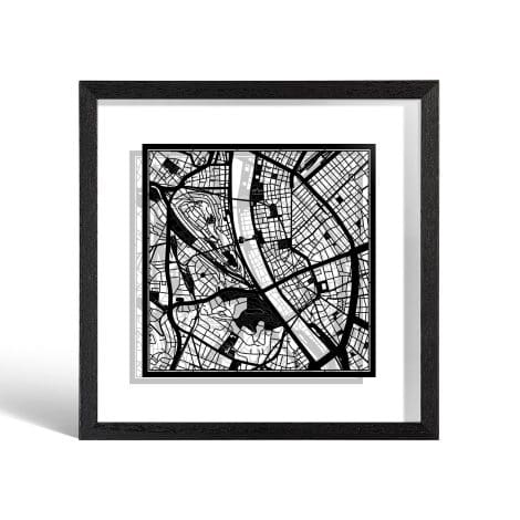 Mapa de recortes de papel O3 DESIGN STUDIO Budapest, enmarcado, negro, 23×23 cm, regalo, 2 colores de fondo, arte de papel.