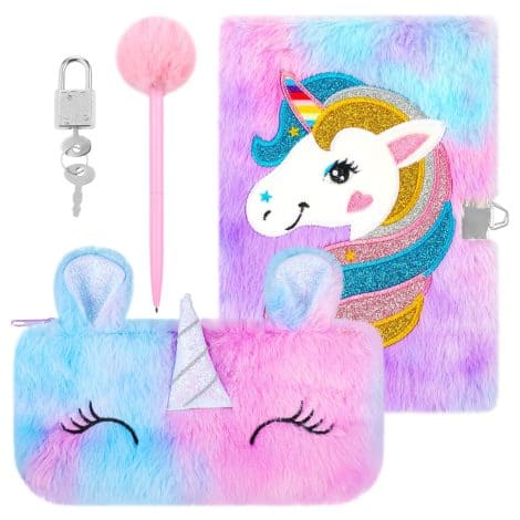 Diario mágico Eucomir con cerradura, tamaño A5 y set de cuaderno de unicornio, estuche y bolígrafo. Ideal para niñas de 5 a 12 años. Color lila.