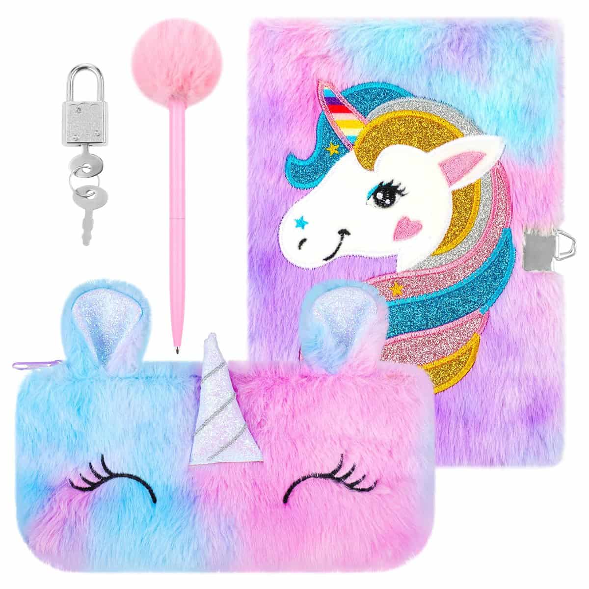 Eucomir Diario Secreto Niña con Candado,A5 Unicornio Cuaderno de Felpa Set Incluye Libreta Unicornio,Estuche Unicornio y Bolígrafo,Regalo Unicornios Para Niñas de 5-12 Años,Lila