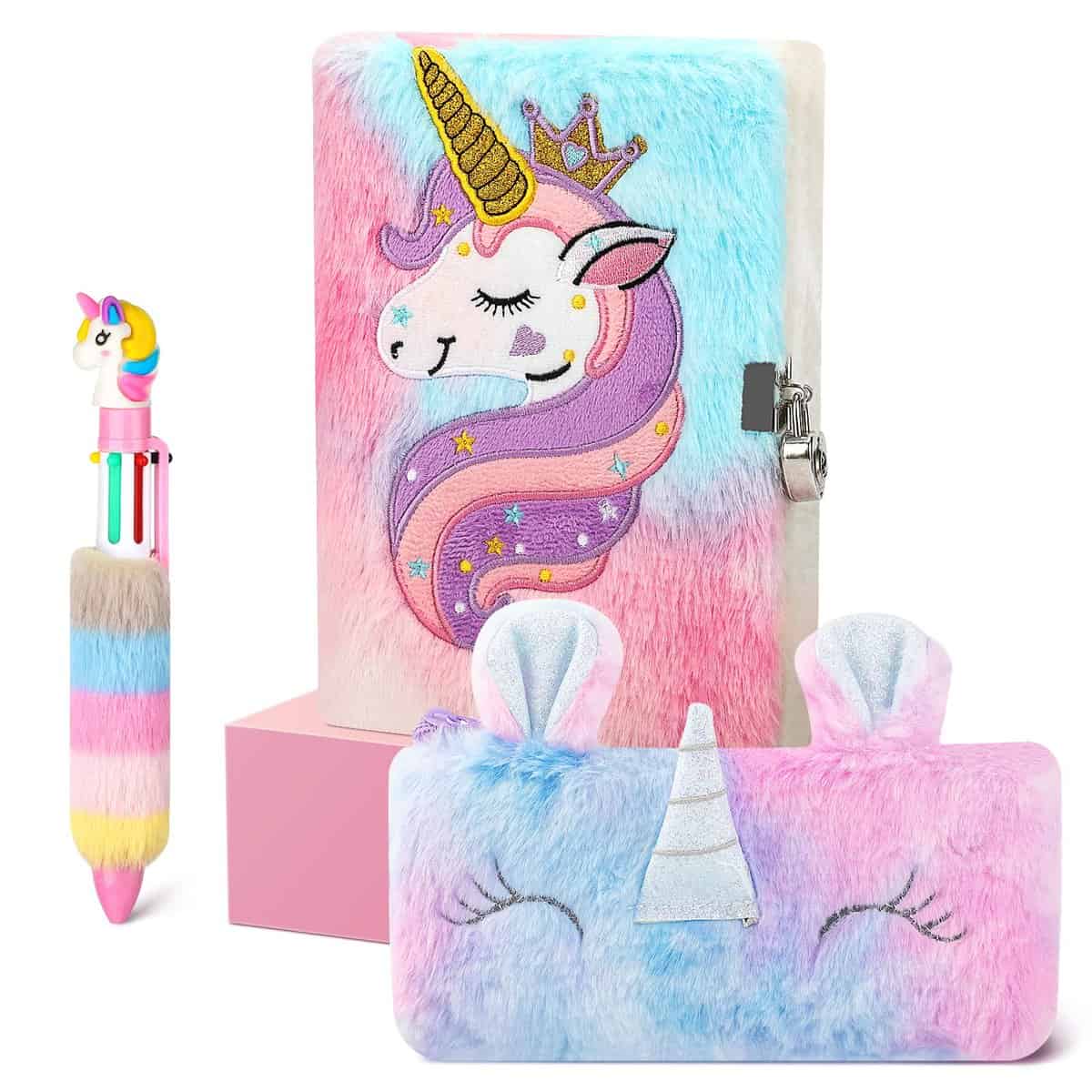 Cooyou Diario Secreto Niña con Candado y Llaves, Set de Unicornio Papelería de Peluche que Incluye A5 Cuaderno de Unicornio para Niñas, Regalos para Niñas 4 5 6 7 8 9 10 11 Años, Multicolore