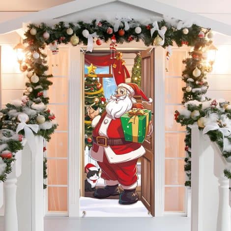 GEBETTER Adorno Navideño Puerta + Cuerda 6m, Decoración Navidad Casa, Cortina Pancarta Telón Fondo Fotos 200×90 cm (Santa Claus).