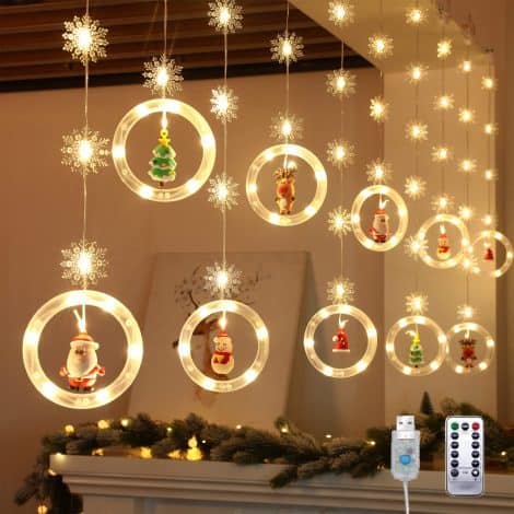 Cortina Luminosa Navidad Lypumso, 3 * 0.5m con 120LEDs, Guirnaldas Decorativas de Navidad, 5 Colgantes y 8 Modos, Ideal para Balcón, Ventana, Fiesta y Decoración Festiva.