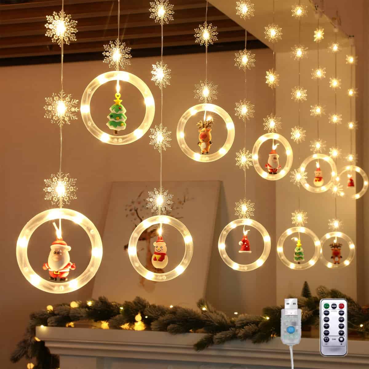 Lypumso Cortina de Luces Navidad, 3 * 0.5m 120LED Cadena de Luces Navidad Decorativas Guirnaldas Cortina, 5 Tipos de Colgantes de Navidad, 8 Modos, para Balcón, Ventana, Fiesta, Decoración Navideña