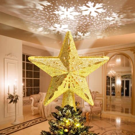 Árbol de Navidad con proyector LED de copo de nieve giratorio Avoalre Estrella – Dorado, decoración para hogar, oficina, bar y hotel.