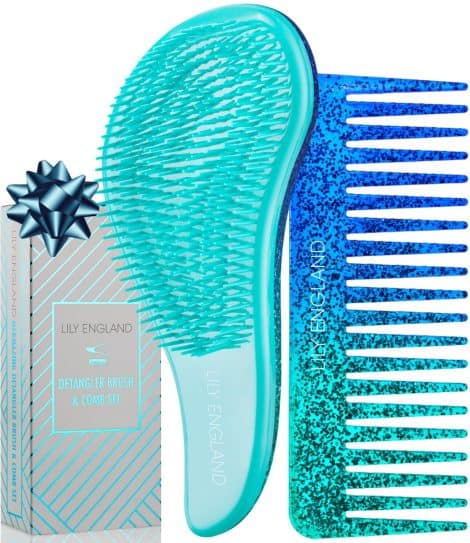 Conjunto Navideño de Lily England: Cepillo antitirones y peine de dientes anchos – Regalo económico para niñas y mujeres. Azul.