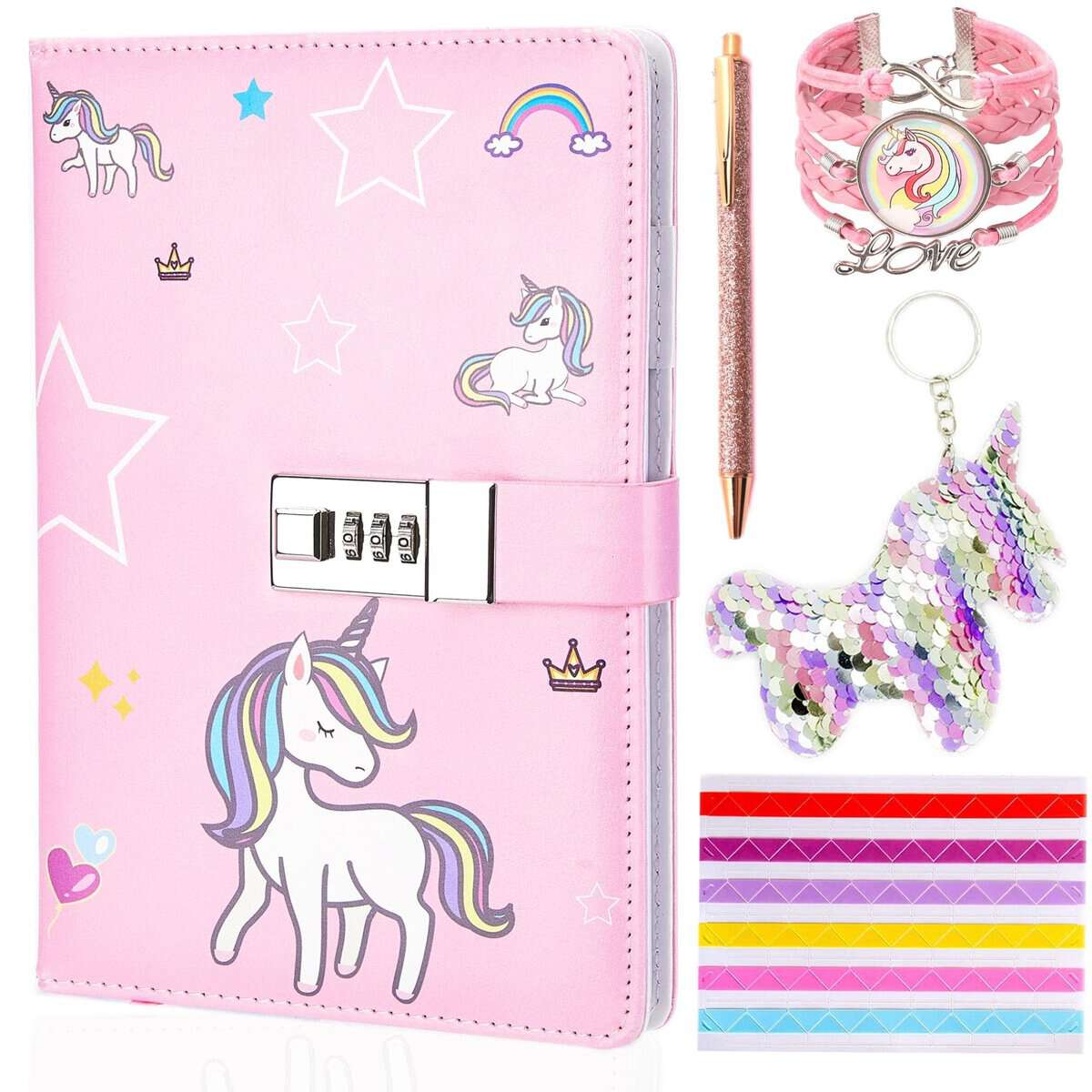 Lubibi Set de papelería Unicornio,Diario Secreto Unicornio con Bolígrafo Pulsera Llavero,Cuaderno con Cerradura de Unicornio Regalo de cumpleaños de Navidad para niñas Edades 456789 10 11 12 Años