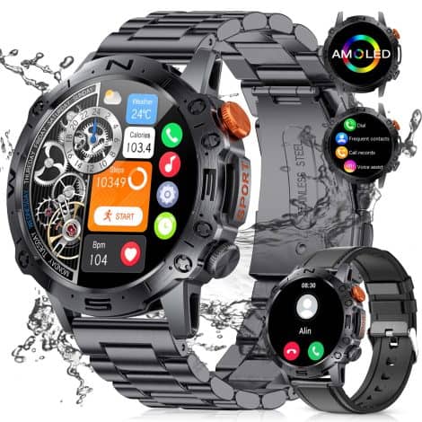 Reloj Inteligente LIGE para hombres con llamadas, pantalla AMOLED de 1.43″, alertas de Whatsapp, seguimiento del ritmo cardiaco y sueño, resistente al agua IP68, compatible con iOS y Android, color negro.