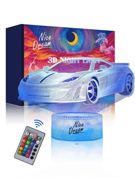 Luz Nocturna Deportiva para el Coche de los Niños, Lámpara 3D con Control Remoto, Cambios de Color Regulables.