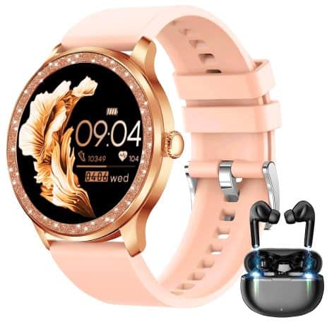 Reloj inteligente para mujer Kaloopp, con pantalla de 1,32″, auriculares deportivos inalámbricos e impermeable. Compatible con Android y iOS. Color oro brillante.